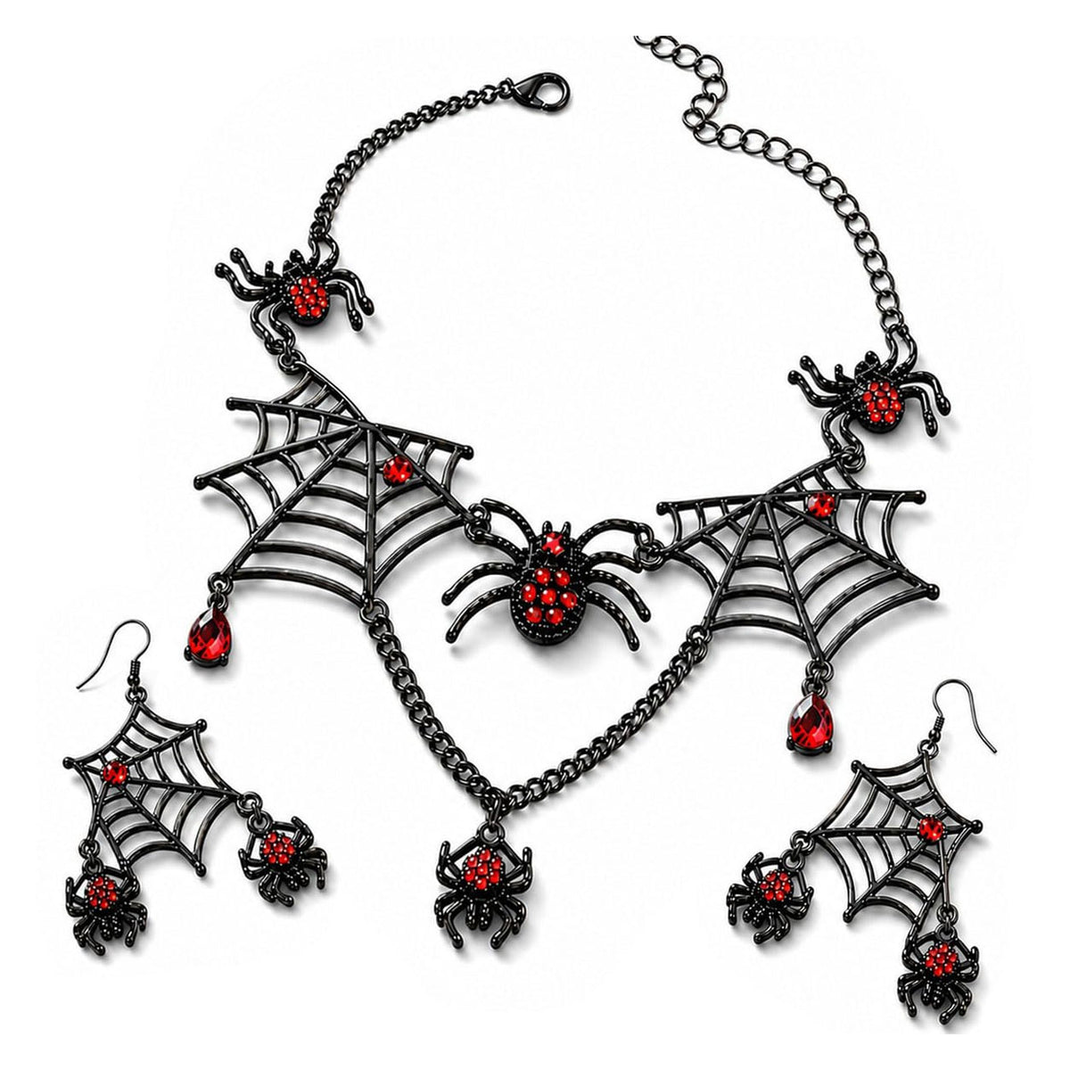 Flat lay view of gothic black metal spiderweb necklace and earring set with red rhinestones