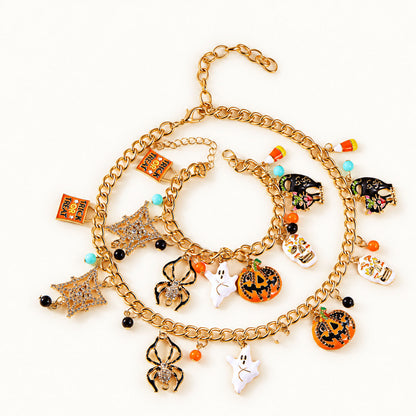Spooky Season Gold Halloween Charm Necklace and Bracelet Set