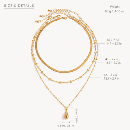 Size and details diagram of 3 piece layered teardrop pendant snake chain necklace set