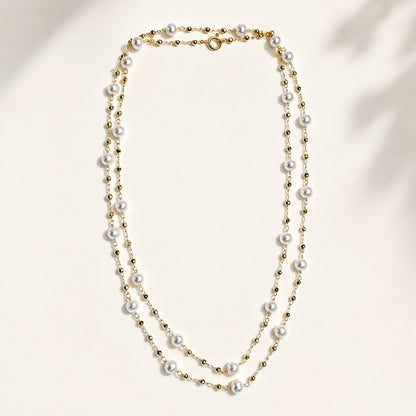 80cm freshwater pearl station long opera necklace with platinum white gold plated beaded chain laid flat