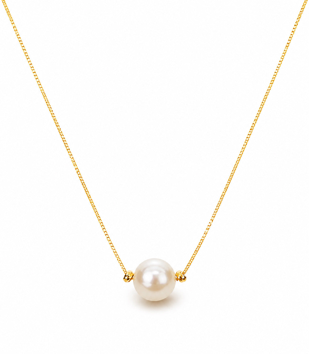Minimalist gold-tone necklace with a single lustrous aurora pearl on a white background.