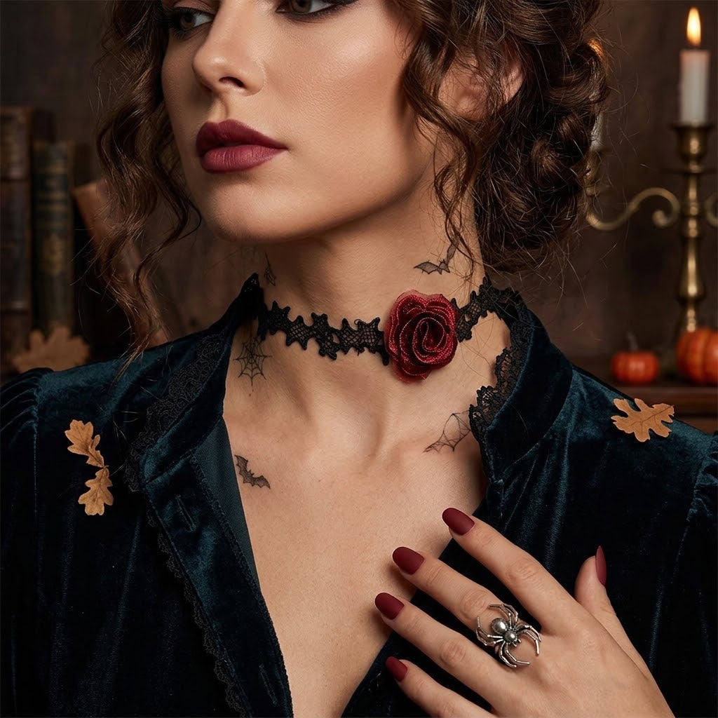 Model wearing gothic black lace bat rose choker with dark green velvet dress