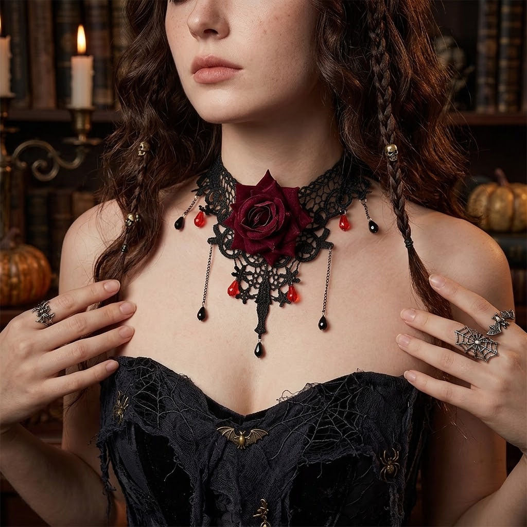 Close-up of model wearing gothic black lace red rose choker necklace with dangling crystal fringe