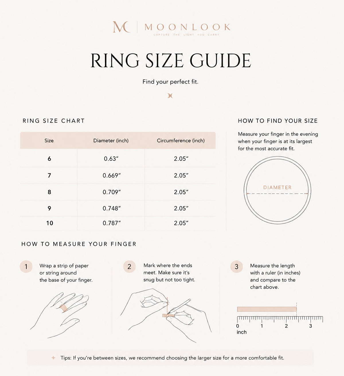 Moonlook official ring size guide and measurement chart, showing US sizes 6 to 10 with step-by-step instructions on how to measure your finger.