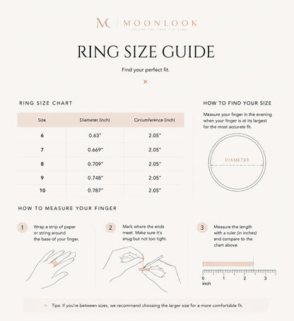 Moonlook official ring size guide and measurement chart, showing US sizes 6 to 10 with step-by-step instructions on how to measure your finger.