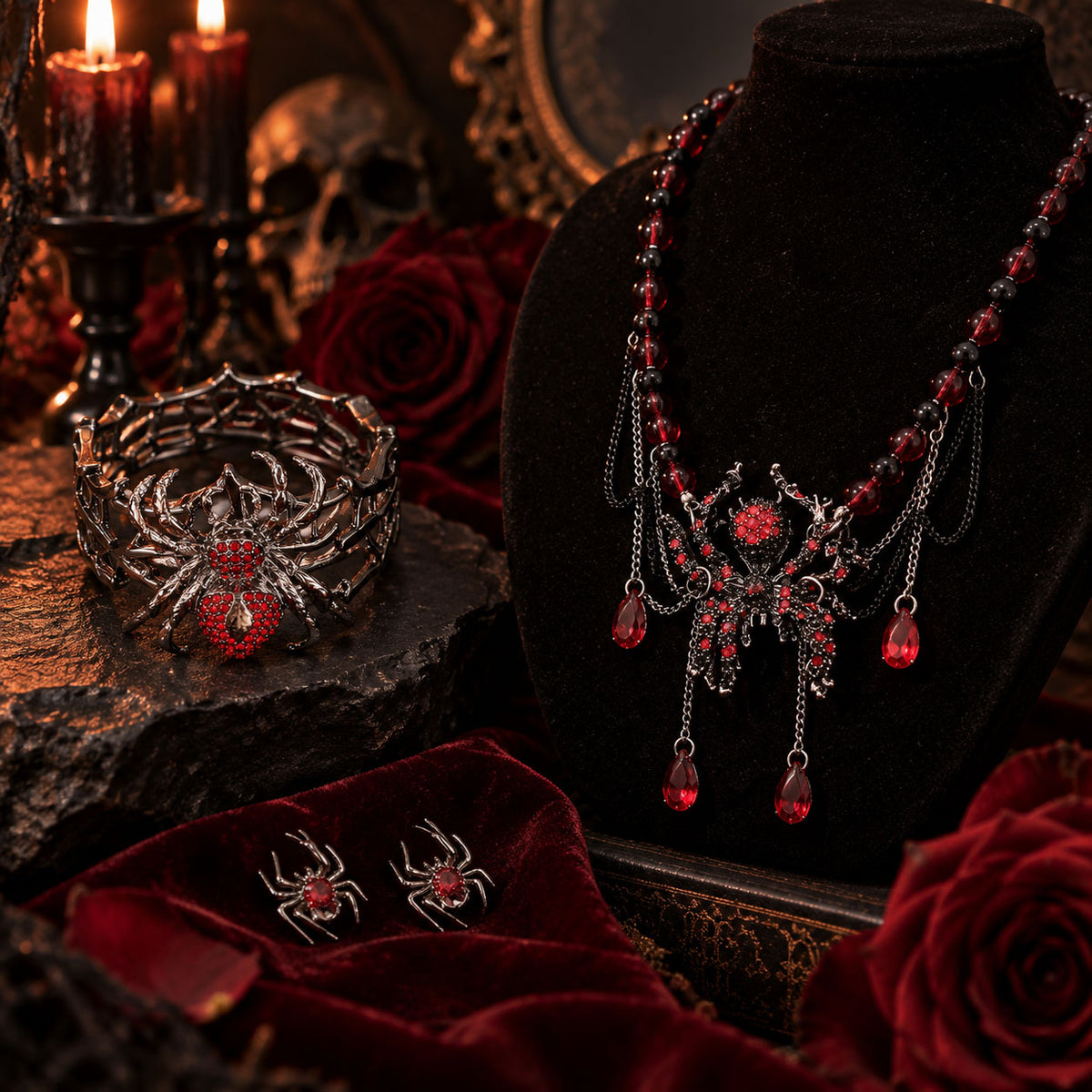 Gothic Dark Elegance Spider Necklace Bracelet Earrings Set for Halloween Party