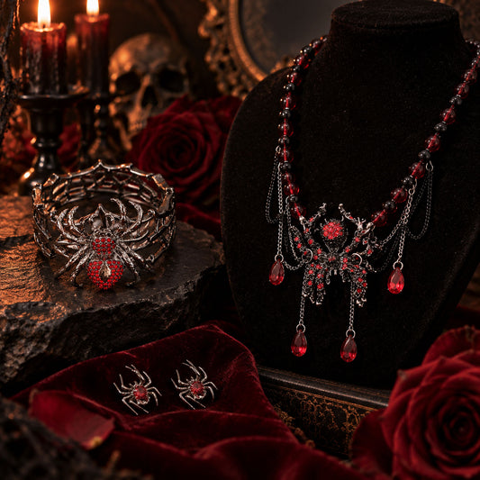 Gothic Dark Elegance Spider Necklace Bracelet Earrings Set for Halloween Party