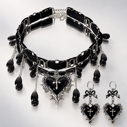 Black velvet choker with hanging black teardrop beads and cross heart pendant
