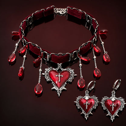 Gothic midnight black velvet choker necklace with black heart cross pendant and matching bow earrings set