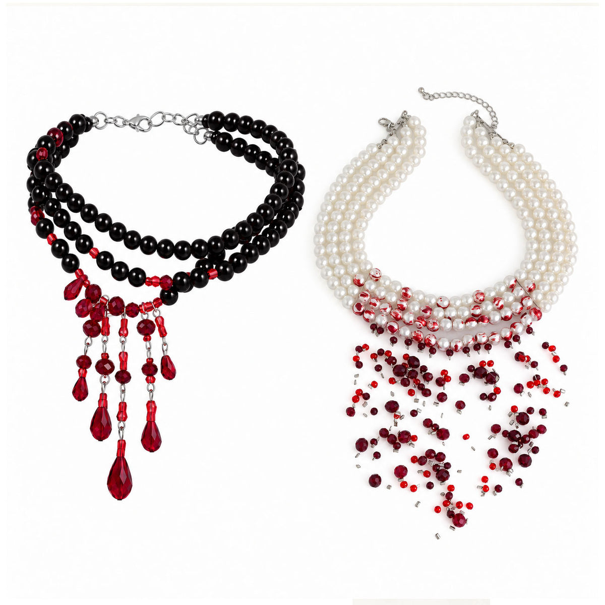Side-by-side comparison of black and white bloody pearl choker necklaces for Halloween vampire jewelry