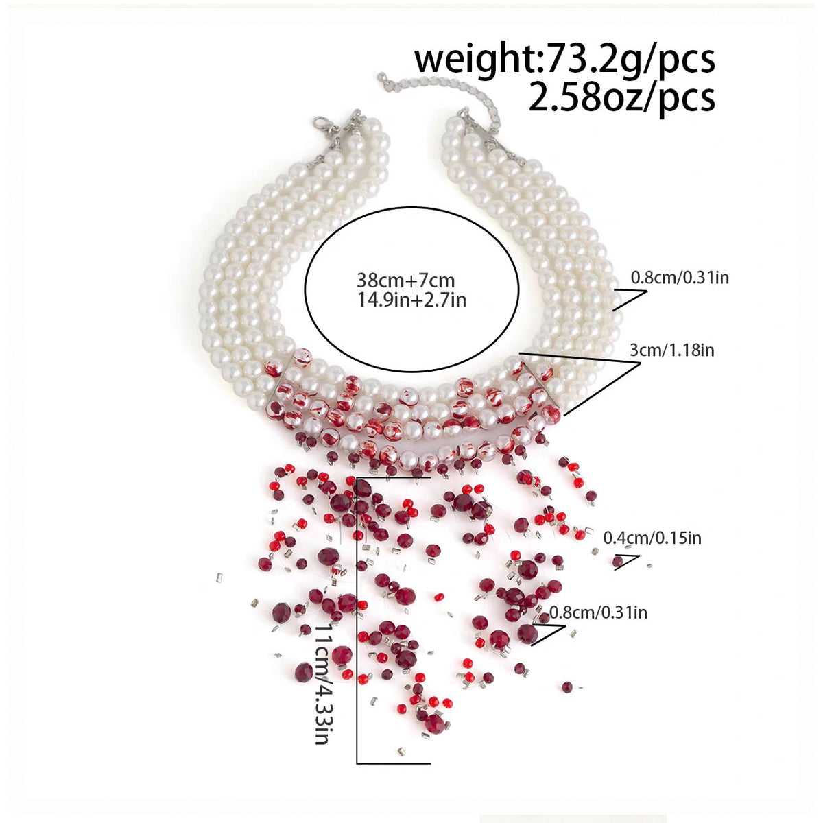 Size and weight specification diagram for 4-strand bloody pearl choker necklace