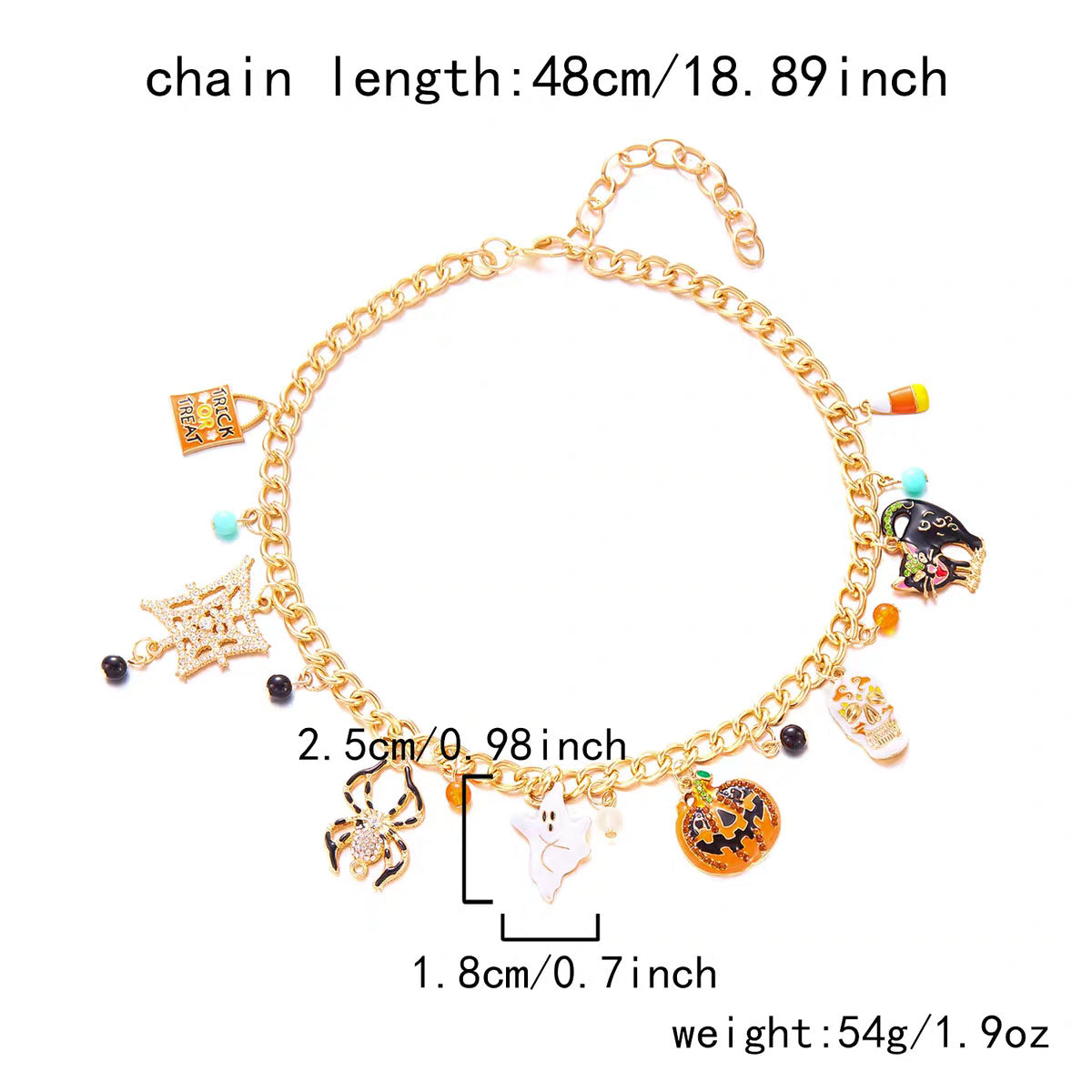 Chain length and weight specification diagram for gold Halloween charm necklace