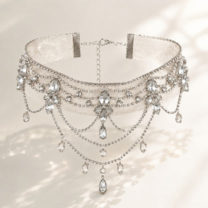 Celestial Sparkle Rhinestone Tassel Chiffon Choker Necklace