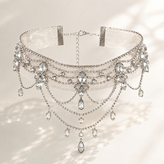 Celestial Sparkle Rhinestone Tassel Chiffon Choker Necklace