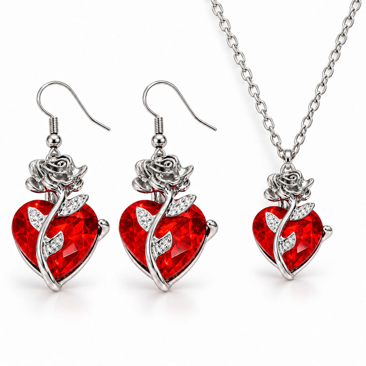 Sleek silver plated sculpted rose wrapped ruby red crystal heart necklace and hook earrings set