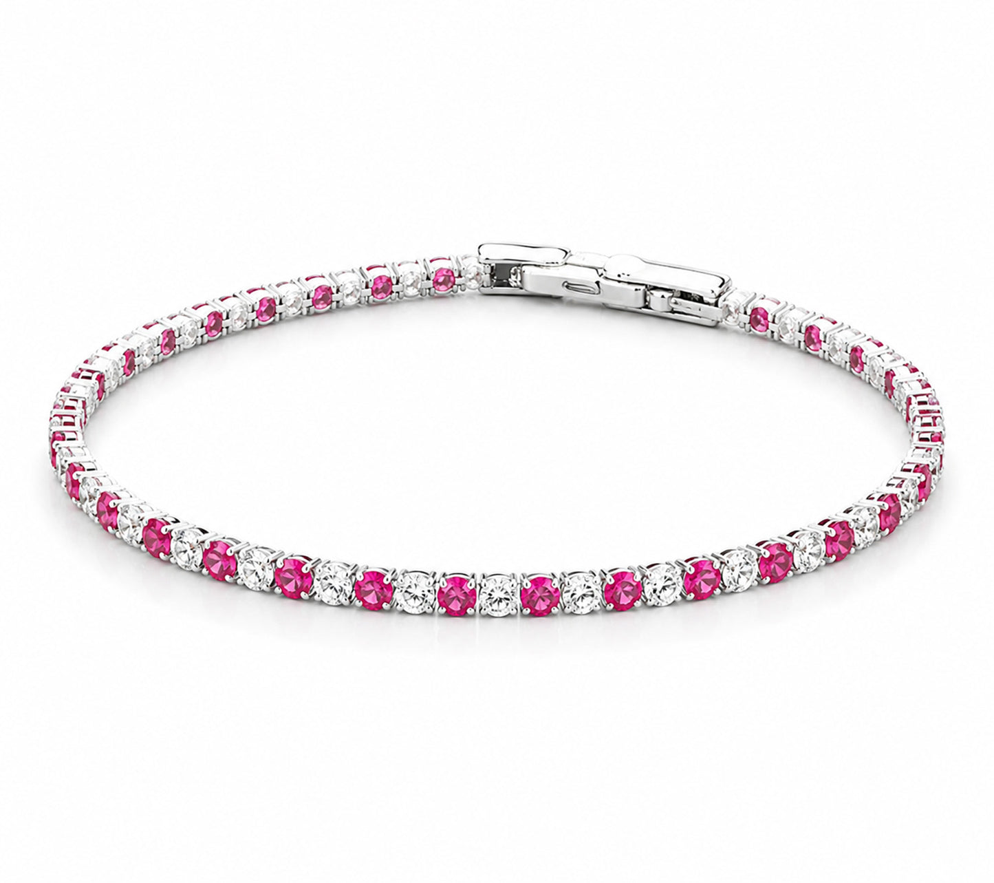 Detailed view of a striking ruby red and clear zirconia tennis bracelet on a minimalist white background.