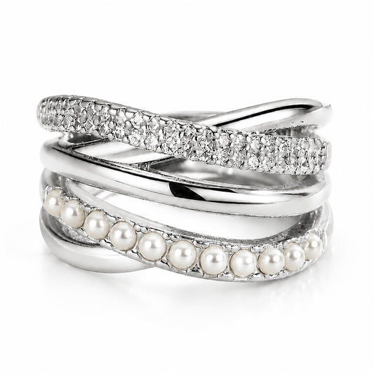 Front view of an elegant silver-tone multi-strand crossover ring featuring crystal pearls and sparkling zirconia on a clean white background.