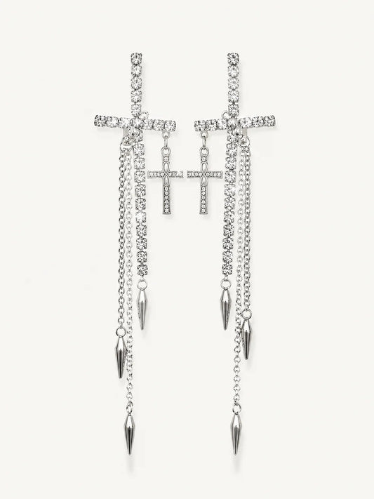 "Rebel Glamour" Extra-Long Crystal Cross Drop Earrings