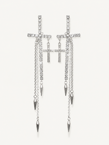 "Rebel Glamour" Extra-Long Crystal Cross Drop Earrings