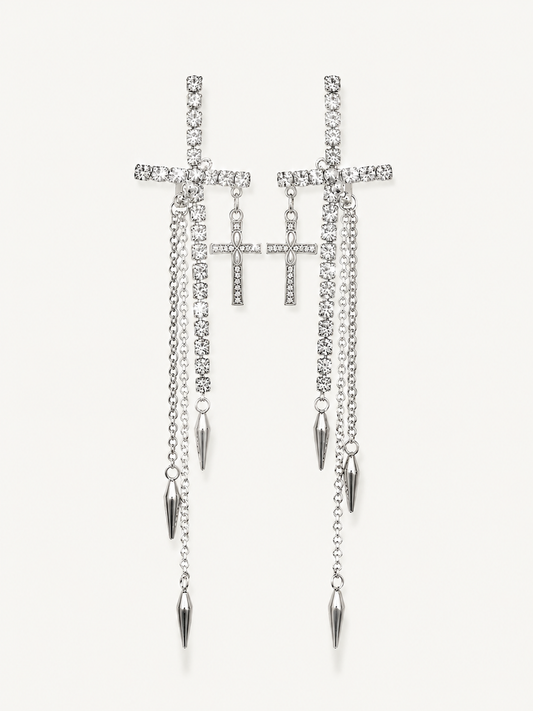 "Rebel Glamour" Extra-Long Crystal Cross Drop Earrings