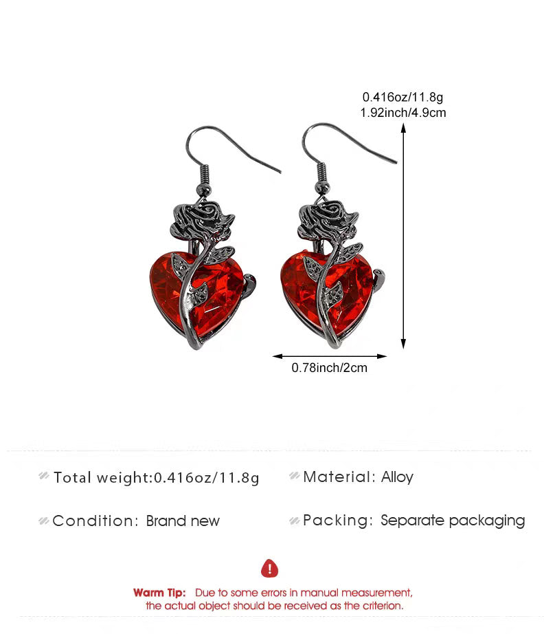 Gothic Red Heart Crystal Rose Jewelry Set