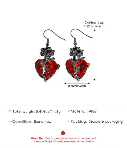 Gothic Red Heart Crystal Rose Jewelry Set
