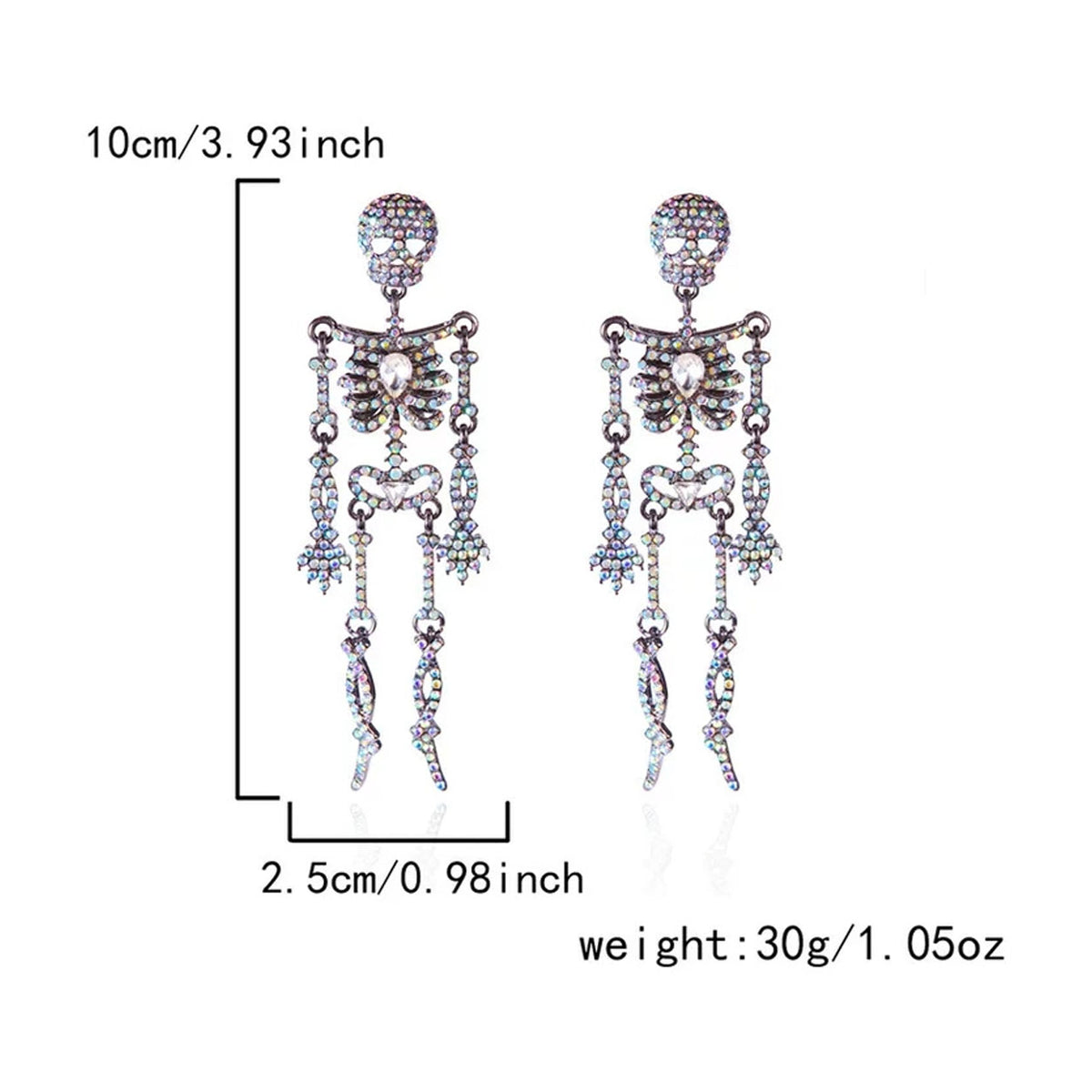 Size and weight specifications chart for 3.93-inch rhinestone skeleton dangle earrings