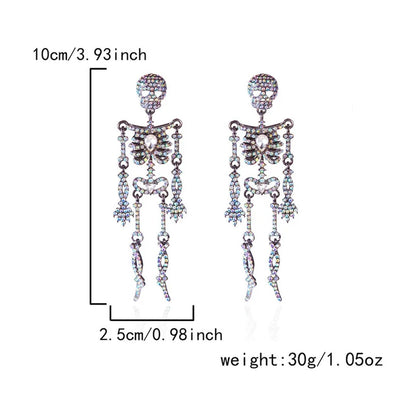 Size and weight specifications chart for 3.93-inch rhinestone skeleton dangle earrings
