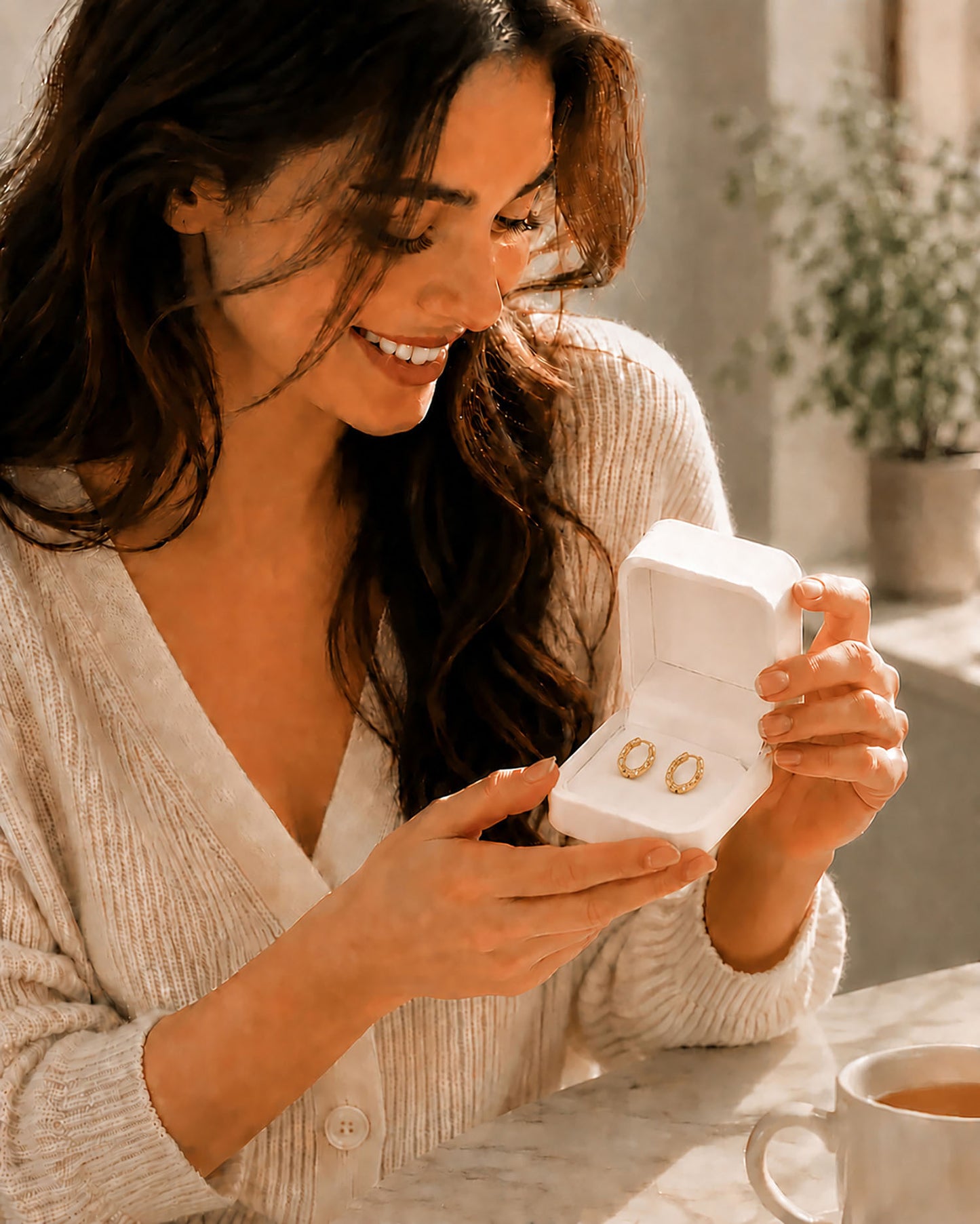 Smiling woman looking affectionately at her new textured gold-tone hoop earrings inside a Moonlook presentation box.