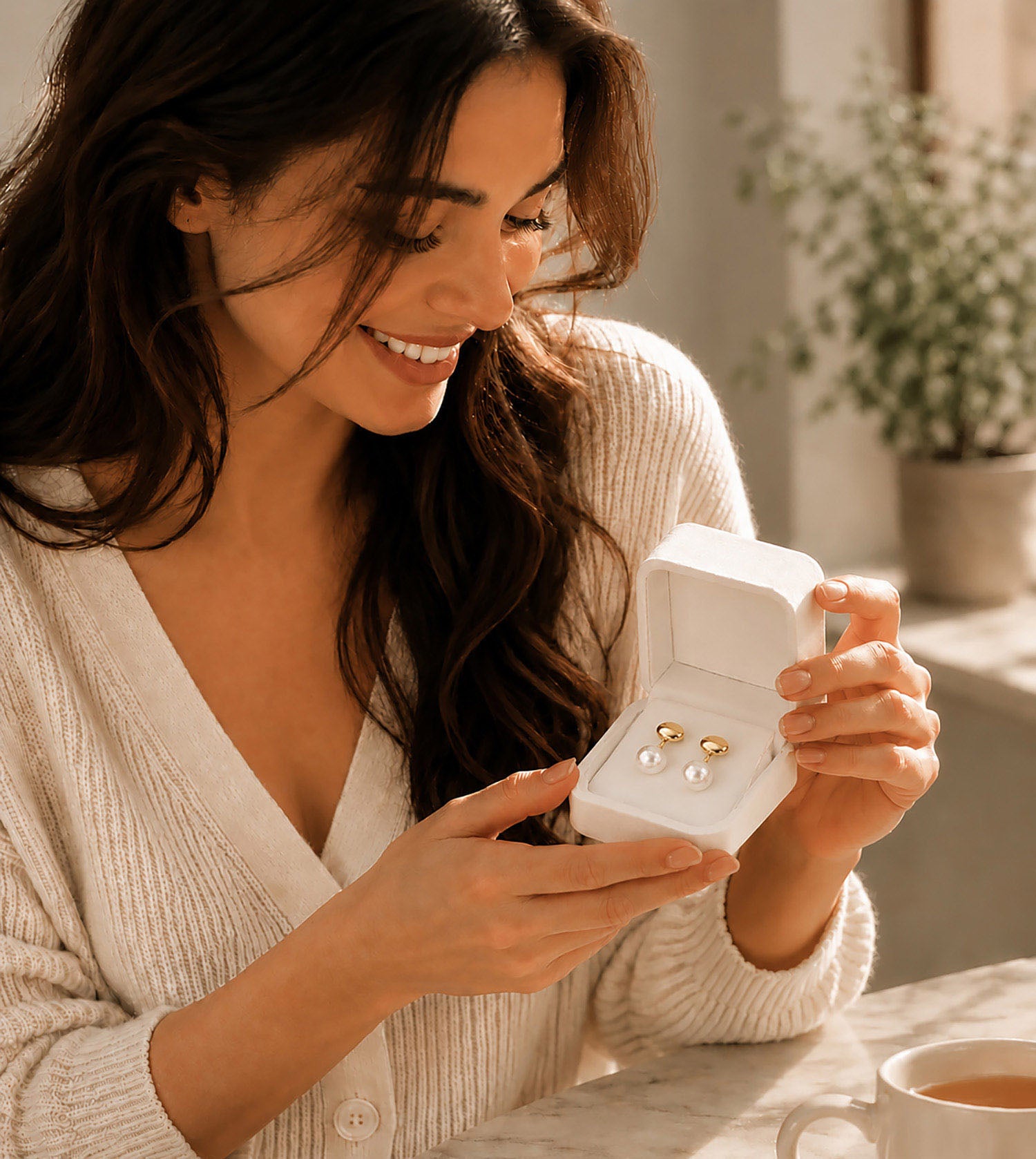 Smiling woman looking at a beautiful pair of pearl and gold jacket earrings inside a white Moonlook gift box.