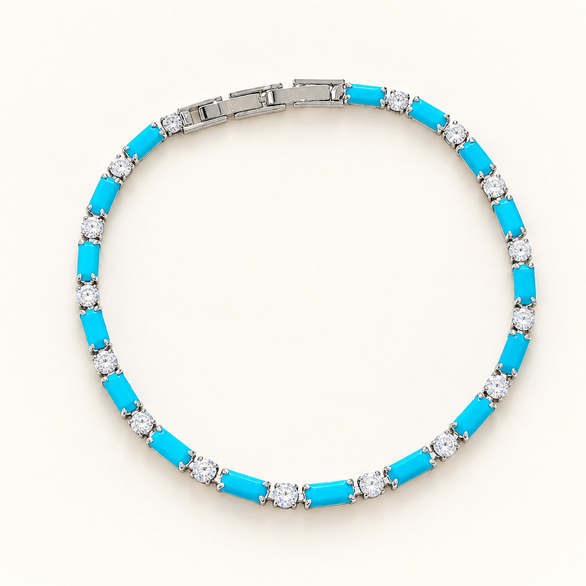 Ocean Breeze Geometric Turquoise Blue CZ Tennis Bracelet – Silver Plated Cubic Zirconia Bar Wrist Chain (18cm)