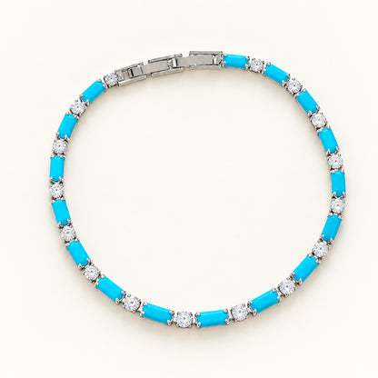 Ocean Breeze Geometric Turquoise Blue CZ Tennis Bracelet – Silver Plated Cubic Zirconia Bar Wrist Chain (18cm)