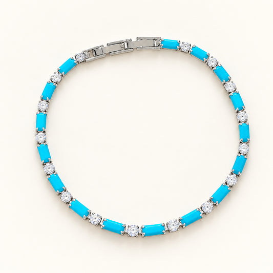 Ocean Breeze Geometric Turquoise Blue CZ Tennis Bracelet – Silver Plated Cubic Zirconia Bar Wrist Chain (18cm)