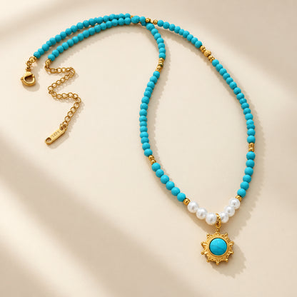Celestial Sunburst Turquoise Bead Necklace – Gold Plated Pearl Accent Boho Pendant Strand