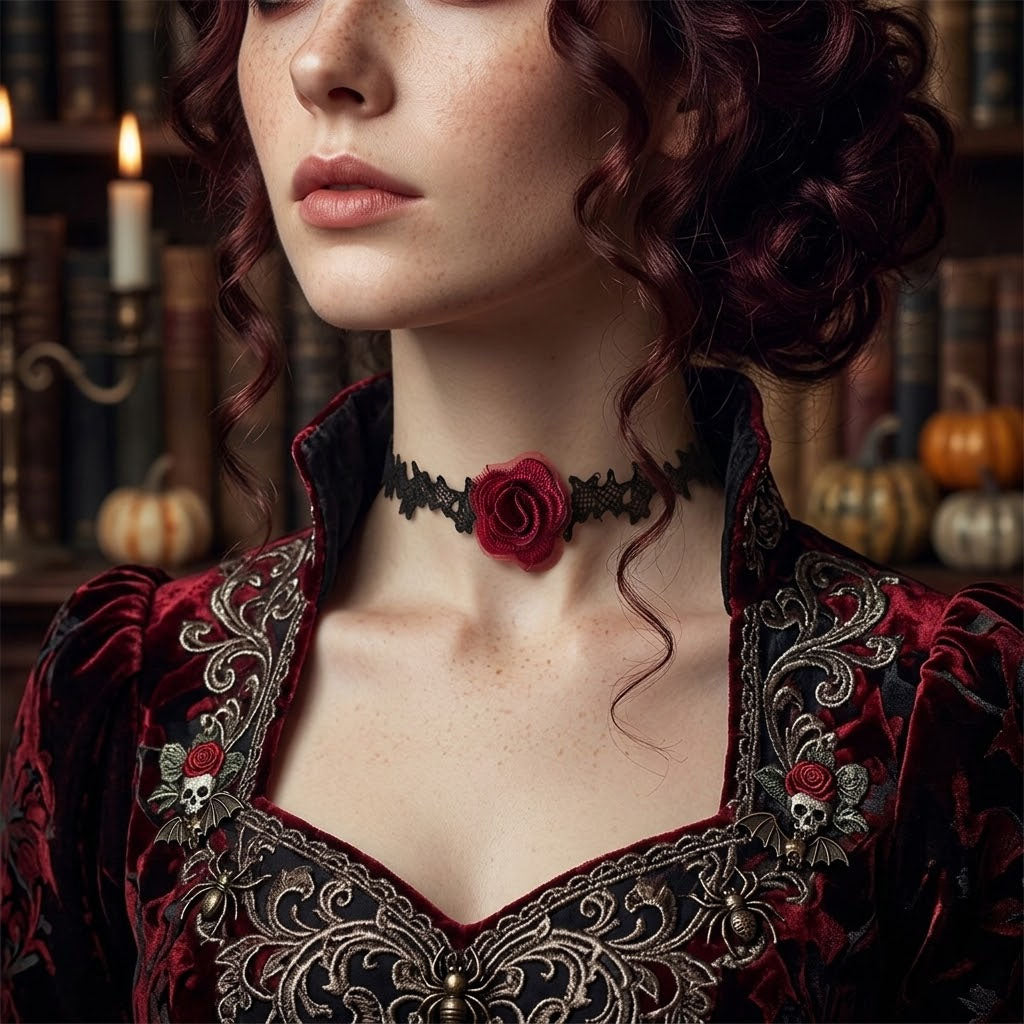 Close-up of model in Victorian vampire gown wearing black lace choker with red rose