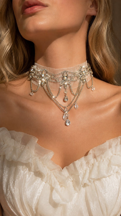 Celestial Sparkle Rhinestone Tassel Chiffon Choker Necklace