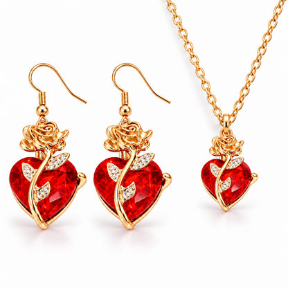 Vintage gold plated rose vine red crystal heart necklace and earring jewelry set for women