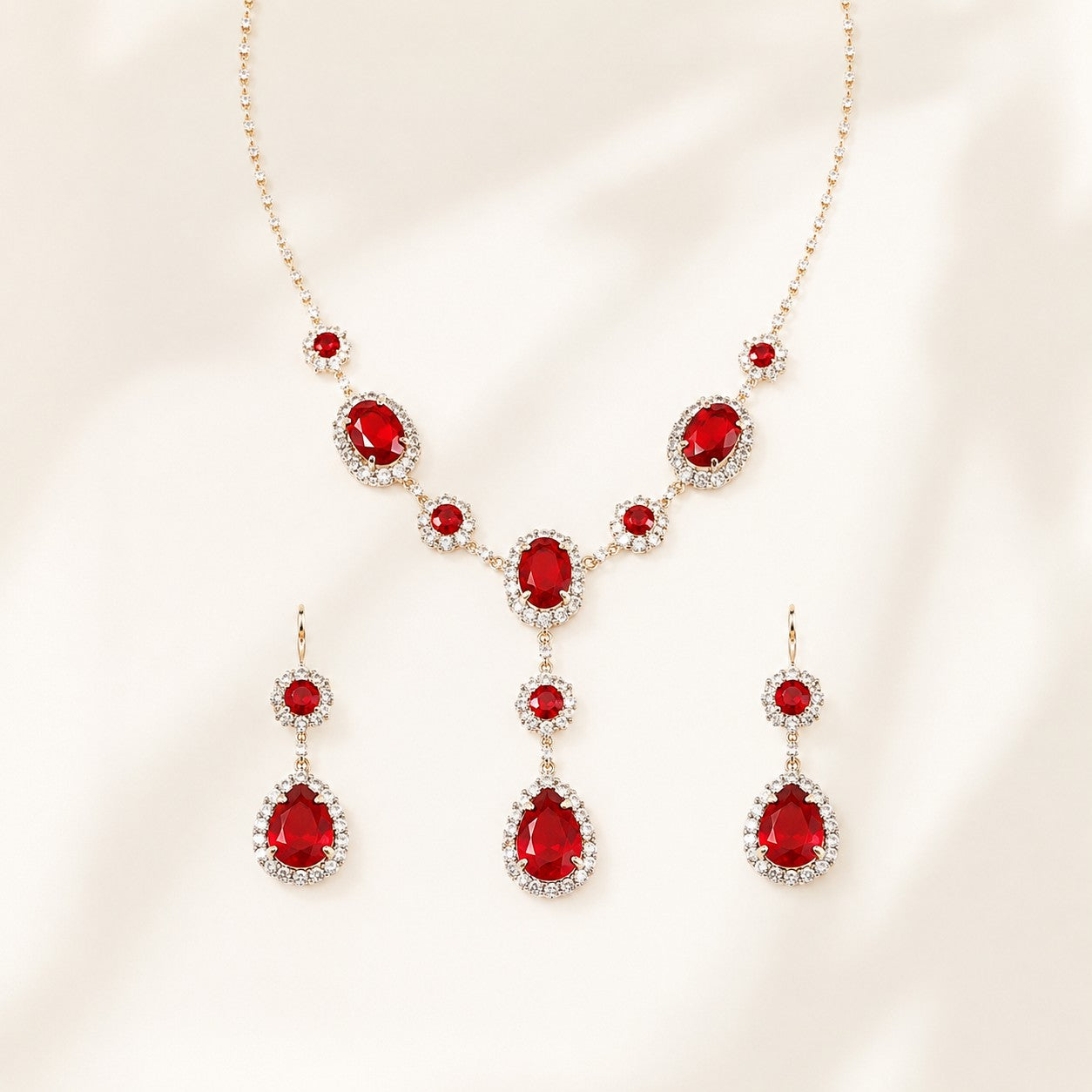 Vintage style simulated ruby teardrop necklace and drop earrings set flat lay on silk