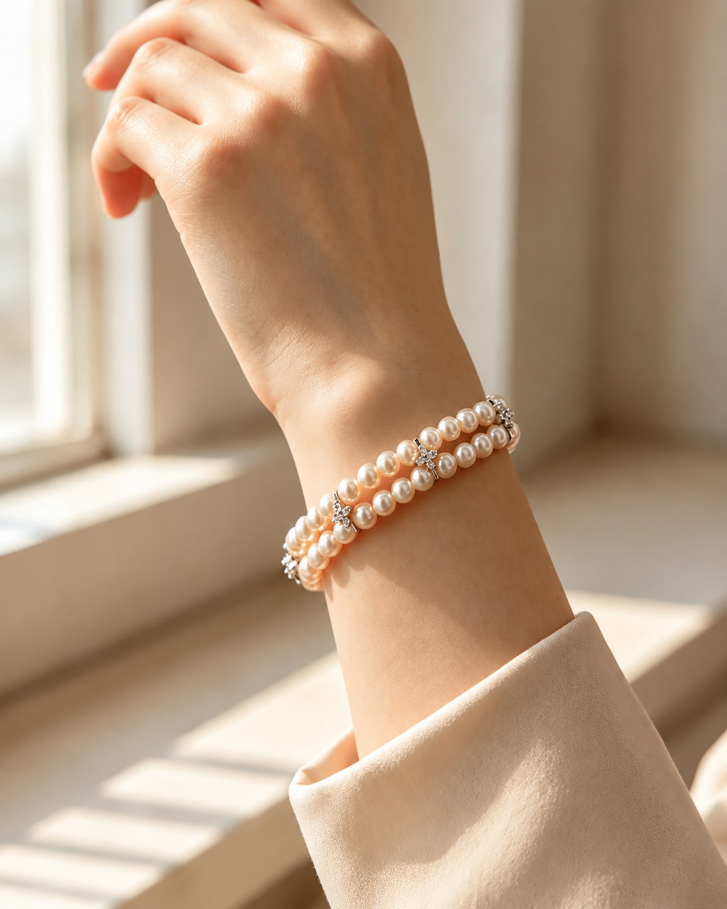Elegant woman wearing a classic double-layer pearl bracelet with white gold-tone details by a window.
