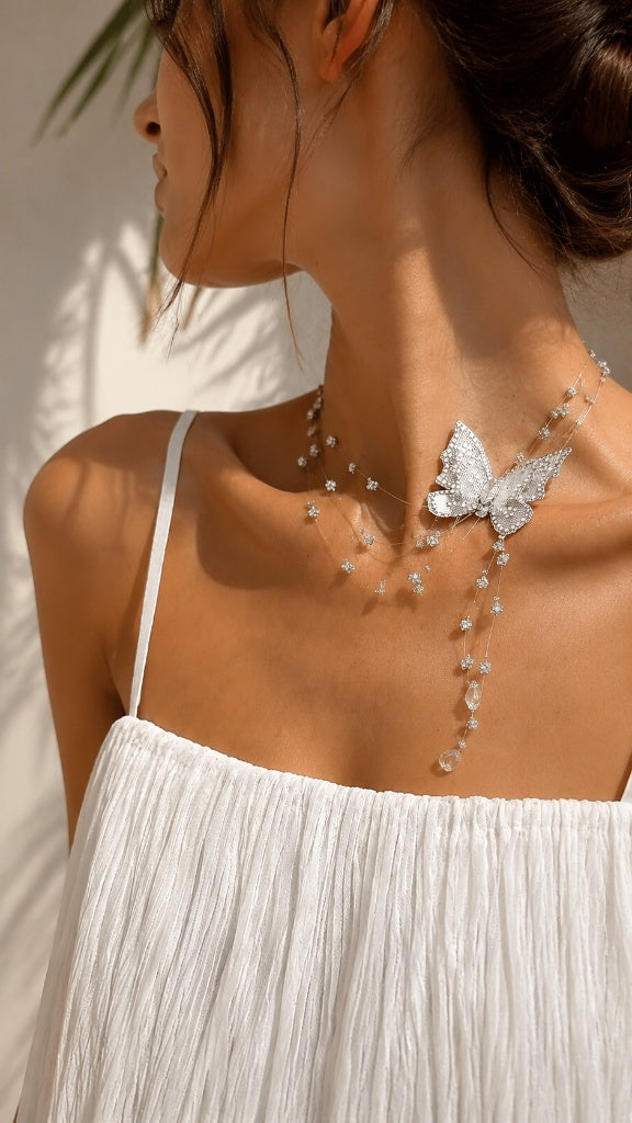 Beautiful sun-kissed woman wearing a crisp white dress, styling a stunning silver-tone floating butterfly necklace with cascading crystal tassels.