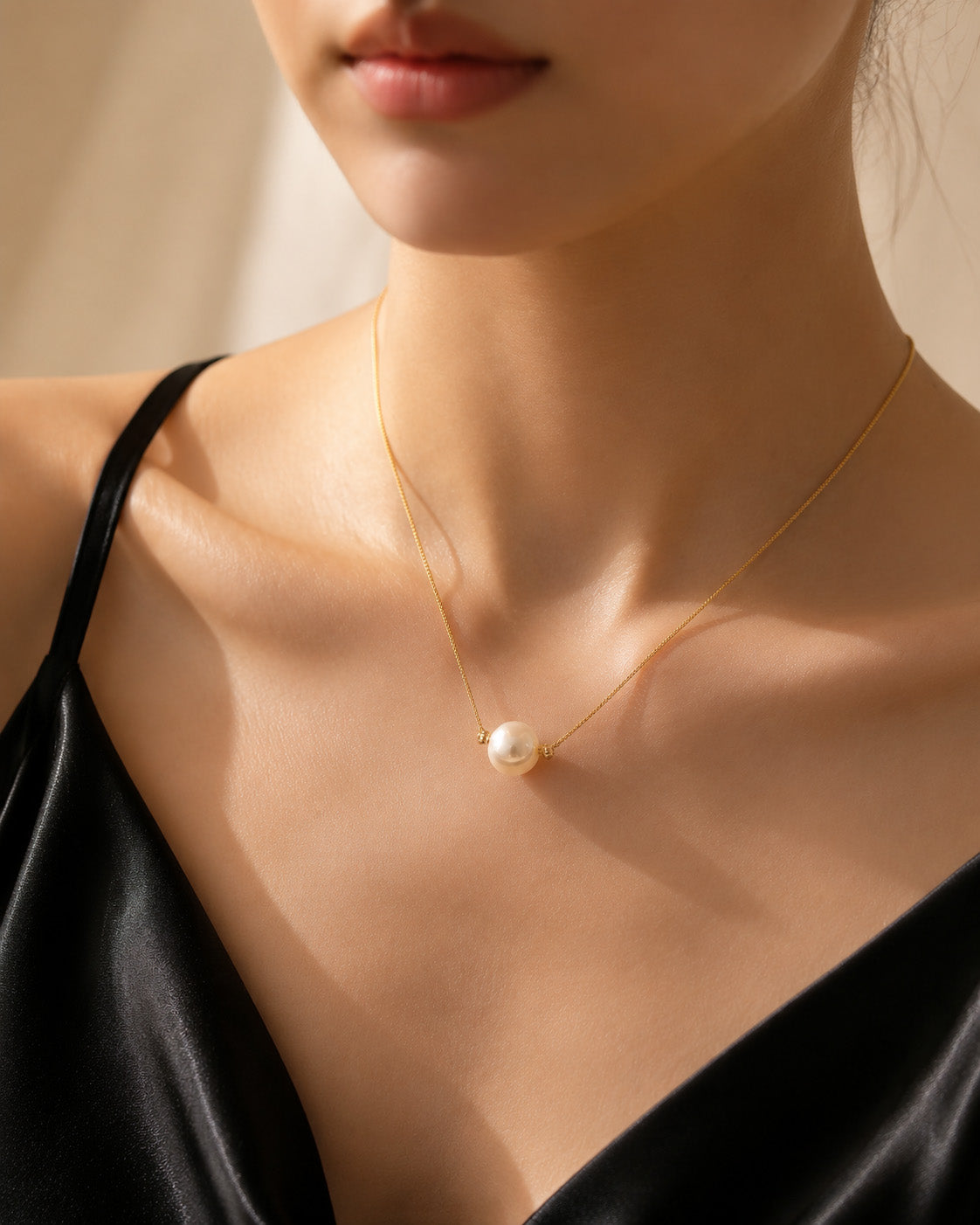 Woman wearing a minimalist single pearl gold-tone necklace with a black slip dress.