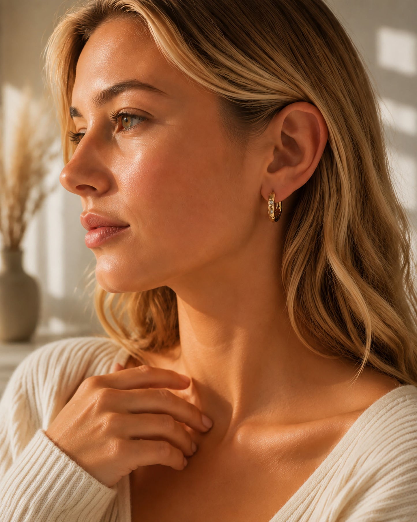 Beautiful woman wearing 16mm textured gold-tone hoop earrings with zirconia accents in warm sunlight.
